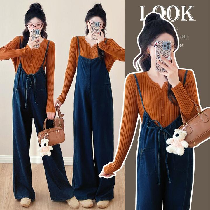 时尚春季孕妇新款牛仔背带裤宽松显瘦开衫上衣+阔腿裤孕妇套装