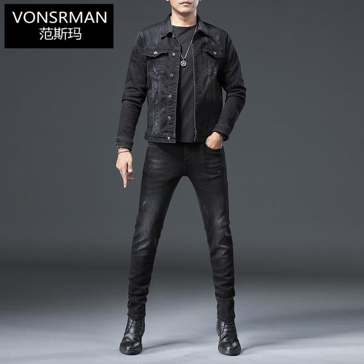 时尚牛仔外套男套装休闲夹克2025秋冬新款洋气男士牛仔黑色上衣服