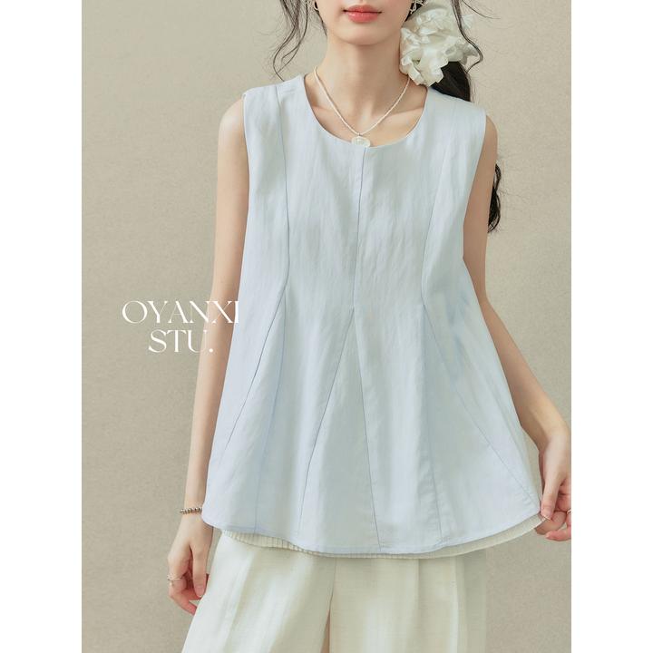 欧阳喜《轻简印象》假两件短袖圆领上衣女夏蓝色无袖背心宽松显瘦