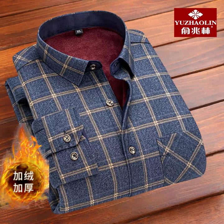 俞兆林冬季男士保暖衬衫加绒加厚中年大码休闲灰色格子男装衬衣