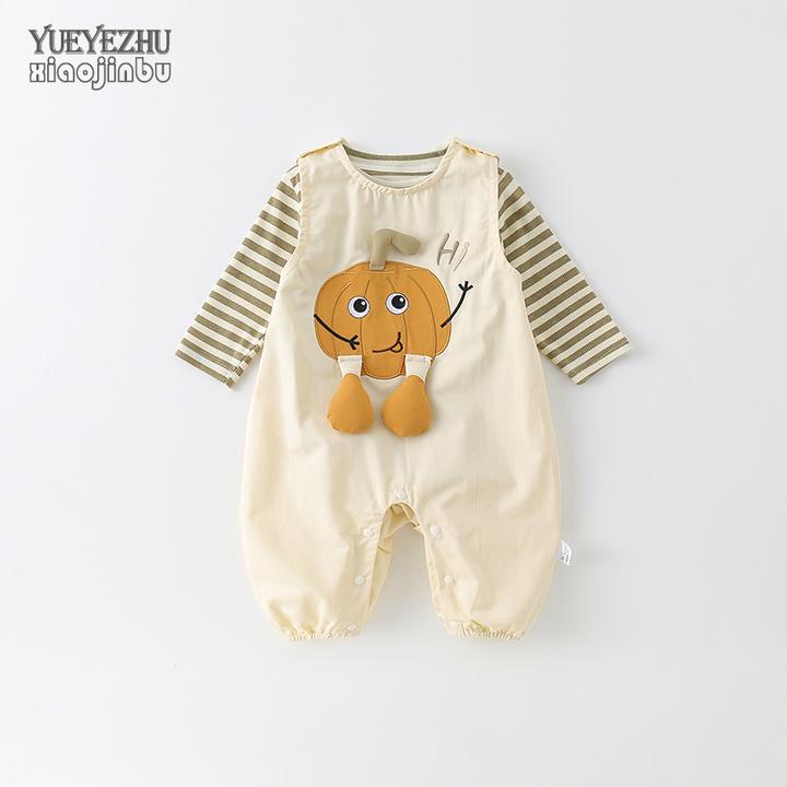 宝宝长袖背带裤套装秋装婴儿衣服春秋韩版卡通条纹两件套外出薄款