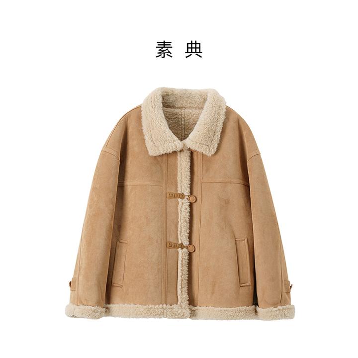 素典【麂皮风度】冬季短外套小个子通勤外套仿毛皮毛一体外套5696