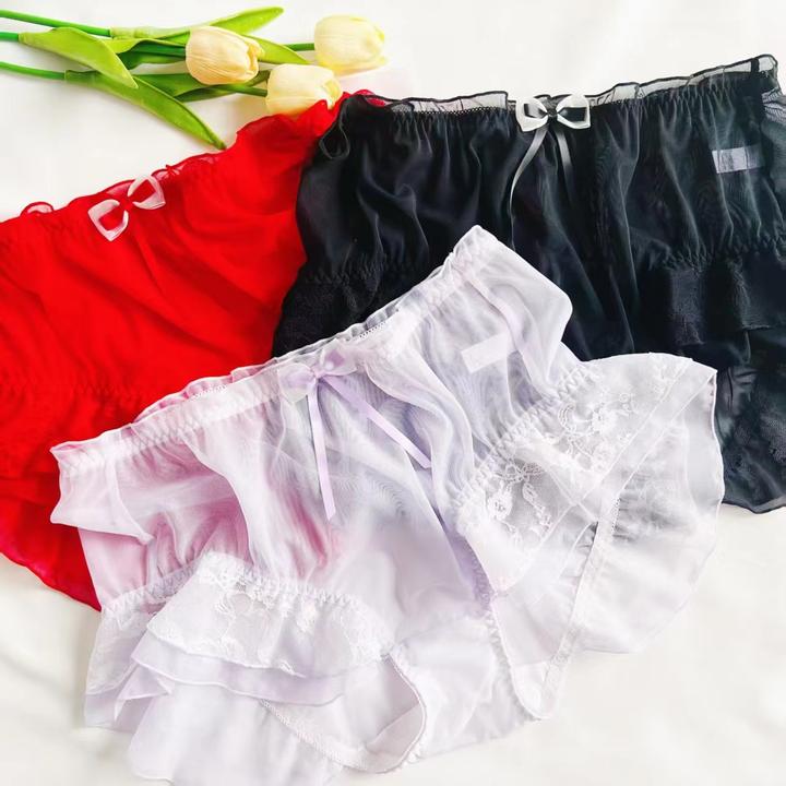 280斤高腰大码日系纯欲洛丽塔刺绣荷叶边裙摆透明网纱拼接三角裤