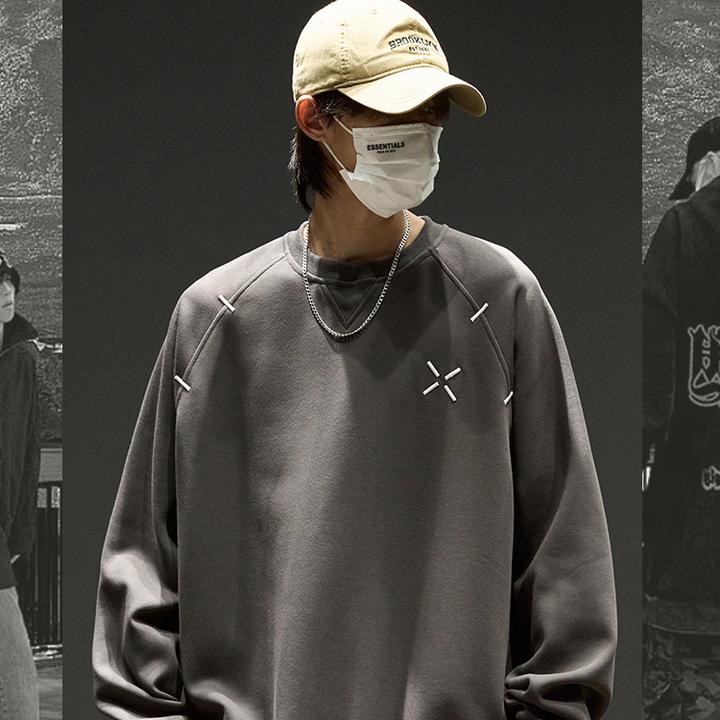 加绒卫衣男2025新款日系潮牌刺绣休闲插肩袖上衣宽松圆领长袖秋冬