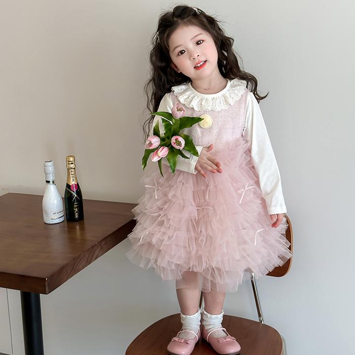 女童春装甜美套装2025新款儿童时尚女宝宝洋气玫瑰蛋糕纱裙两件套