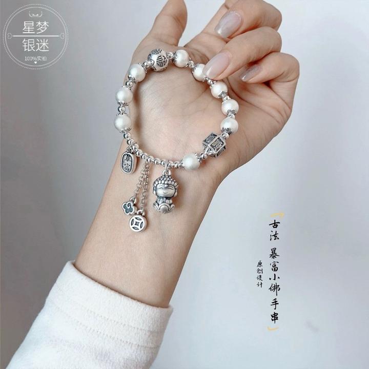 足银手链 新中式银9999两世欢手链佛古法磨砂招财流苏铜币手串礼