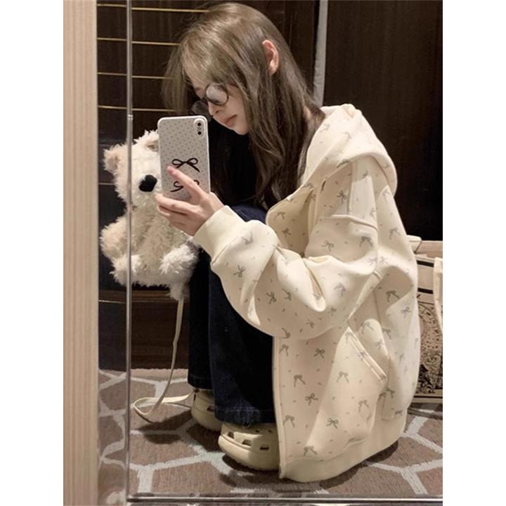 连帽印花加绒拉链开衫卫衣外套女秋冬新款休闲宽松慵懒风韩版上衣