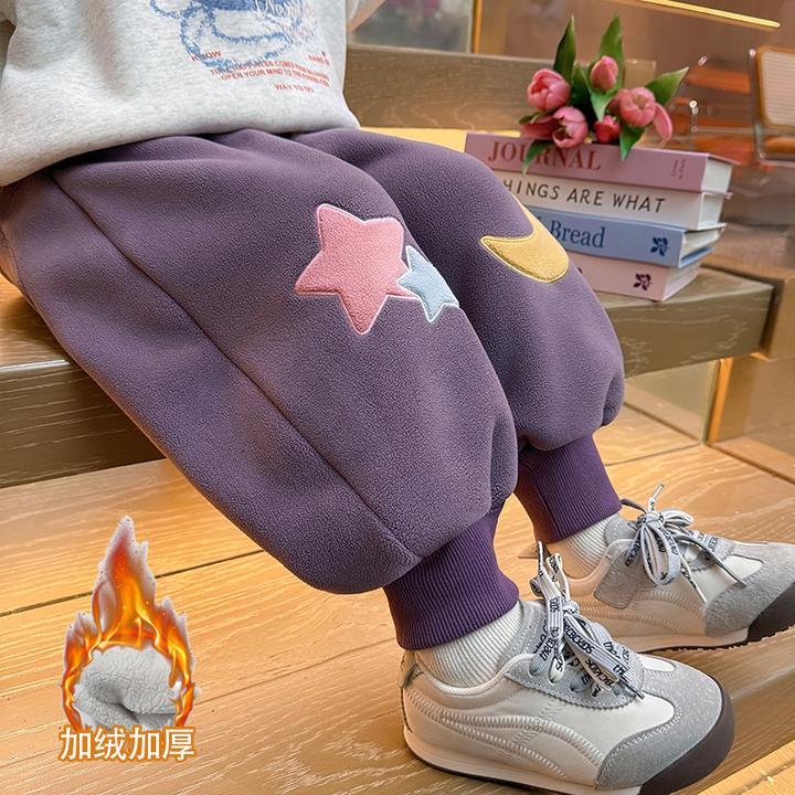女童加绒裤子秋冬季2025新款女宝宝加厚束脚裤儿童保暖一体绒卫裤