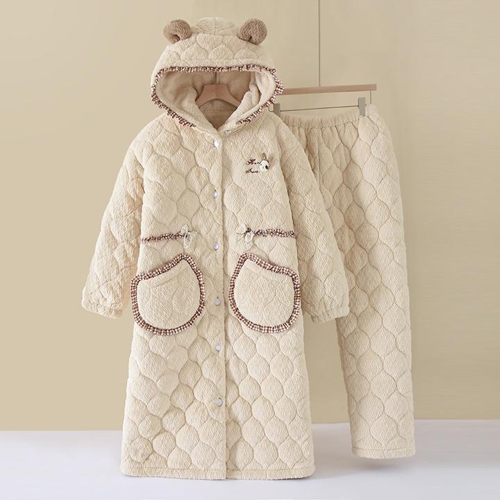 连帽睡衣女冬季三层珊瑚绒夹棉加绒加厚保暖加棉中长款睡袍家居服