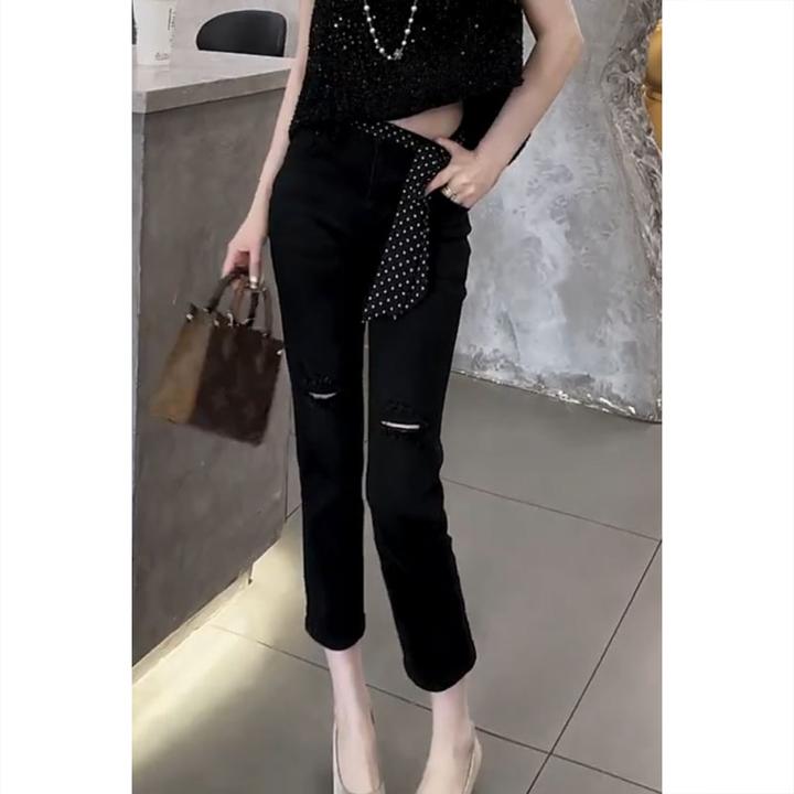 艾塔莉黑色显瘦破洞九分裤女夏季新款百搭小脚裤大码时尚牛仔裤