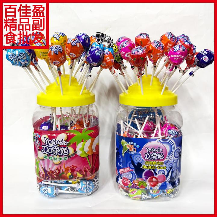 包邮南美哥伦比亚进口如果他酸奶味/泡泡糖夹心棒棒糖17g整桶60支