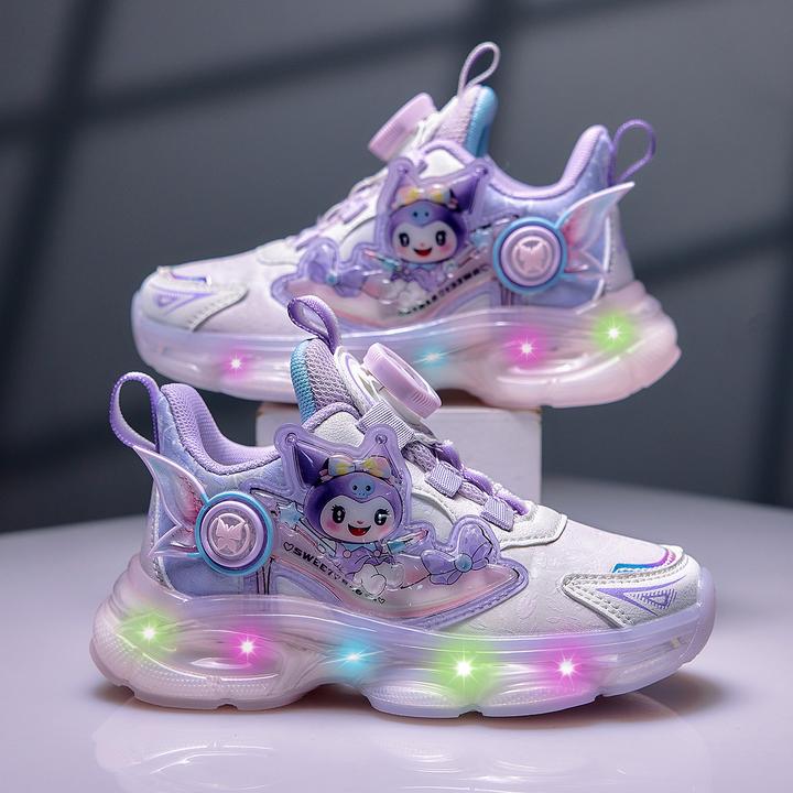 库洛米女童鞋子秋季2025新款闪灯儿童运动鞋皮面旋纽扣女孩发光鞋