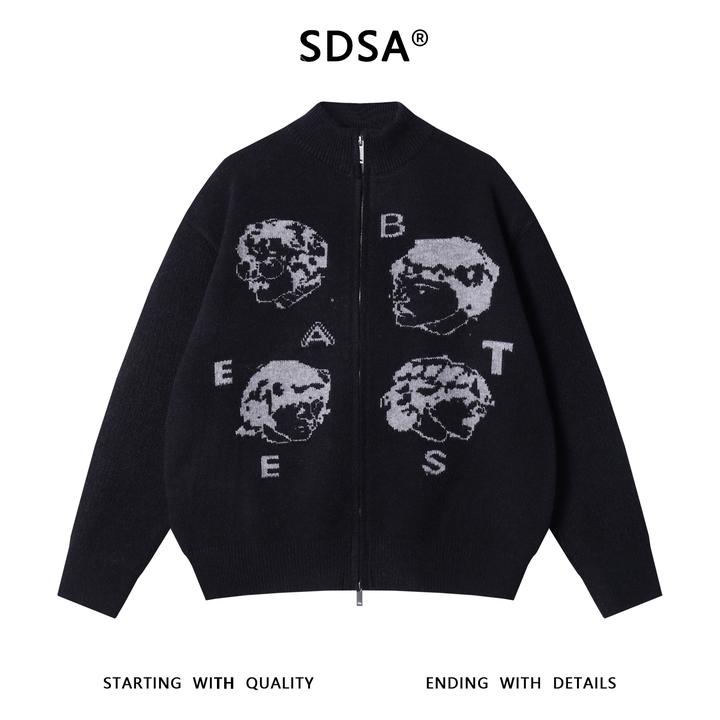 SDSA男士秋冬新款痞帅男装潮牌美式人物字母设计拉链立领毛衣百搭