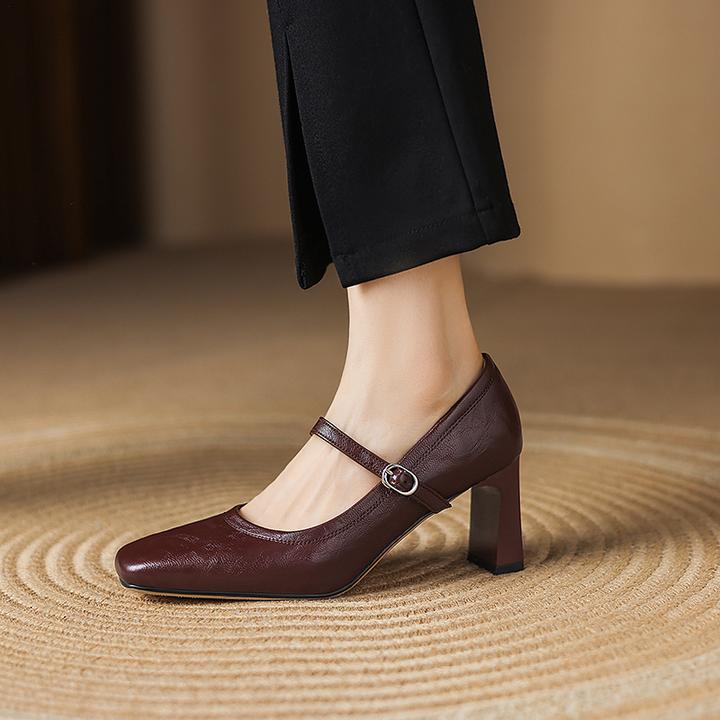 手抓牛皮2025新款方头粗高跟玛丽珍气质女鞋单鞋LF039