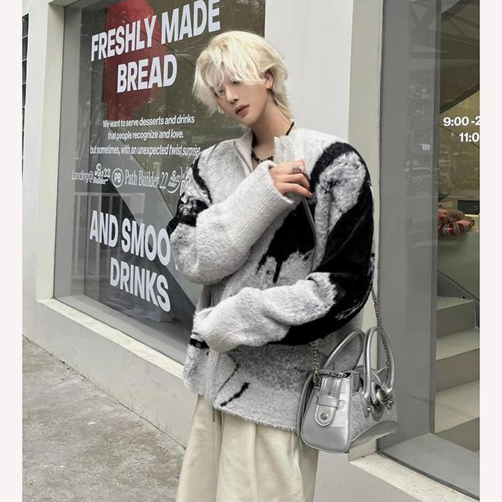 灰色刺绣开衫毛衣男秋冬韩系穿搭高级感毛线衣慵懒风针织衫外套