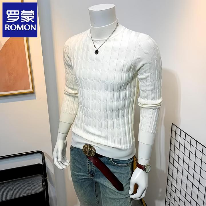 罗蒙时尚冬季条纹毛衣男士潮牌针织衫半高领打底衫中领内搭卫衣潮