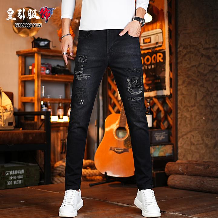 高端刺绣牛仔裤男士2025夏季爆款潮牌弹力黑色潮流修身小脚裤子男
