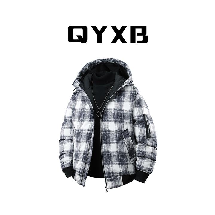 【品牌正品现货】QYXB冬季加厚棉衣男连帽棉服格子外套保暖上衣宽松