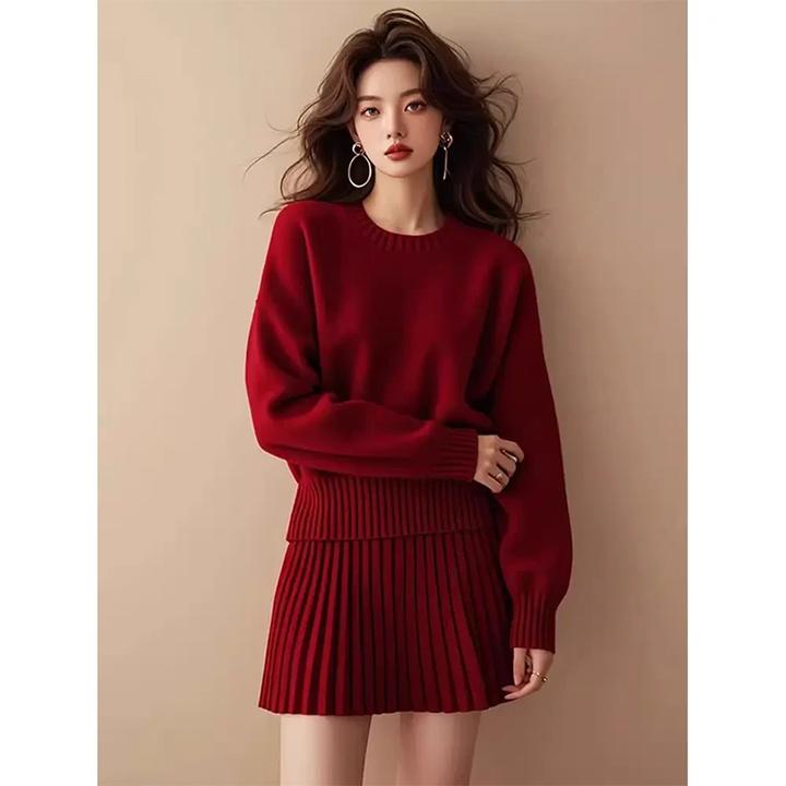 宽松红色套头圆领毛衣女2025年春季新款高级感气质百搭针织衫上衣