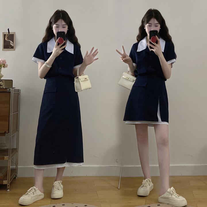 小众气质撞色假两件设计正肩上衣显瘦开叉半身裙两件套女时尚套装