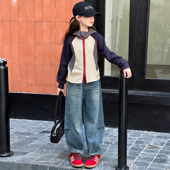 女童秋装套装2025新款洋气中大儿童春秋拼色外套弯刀牛仔裤两件套