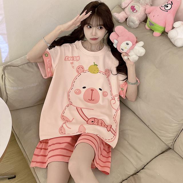 卡皮巴拉睡衣女款夏季纯棉短袖短裤薄款可爱大码200斤学生家居服