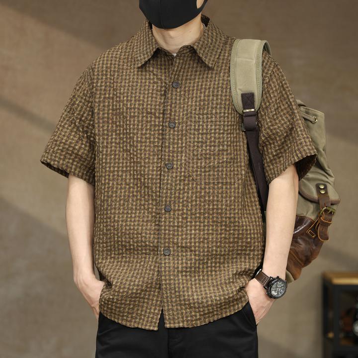 美式高端复古薄款泡泡纱短袖衬衫男夏季宽松肌理感格纹衬衣外套男