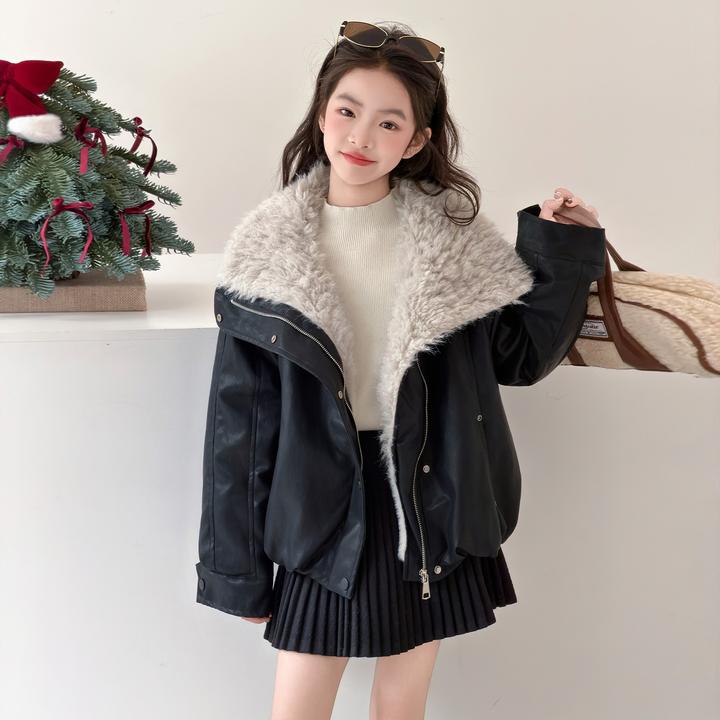 女童加绒皮衣冬装2025新款儿童潮酷加厚摩登机车皮外套大童皮夹克