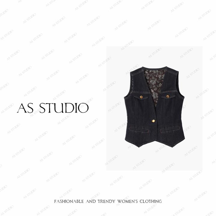【AS港星儿】25新经典复古水洗提花棉修身显瘦牛仔马甲AS25QM03030