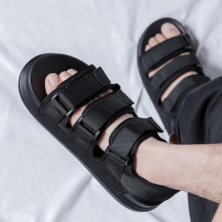 PT RICH凉鞋男夏季软底防滑厚底帆布黑色越南沙滩鞋魔术贴凉拖轻