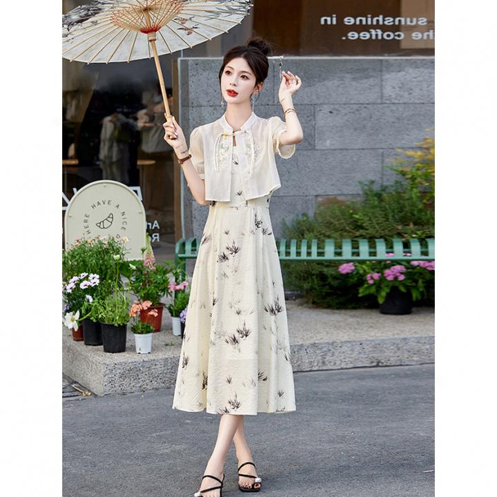 新中式中国风印花连衣裙套装收腰夏季新款超仙碎花吊带连衣裙套装