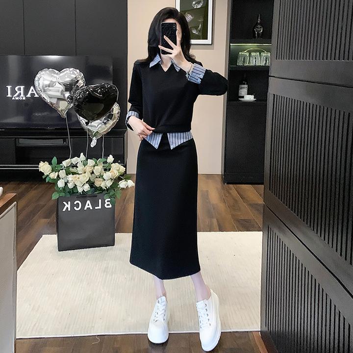高级感时尚假两件条纹拼接卫衣套装女气质显瘦一步裙半身裙两件套
