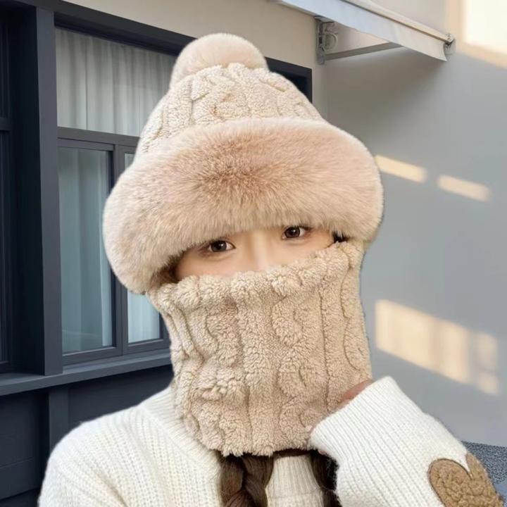 帽子围脖一体女冬新款提花加绒加厚骑车防风防寒电动车保暖套头帽