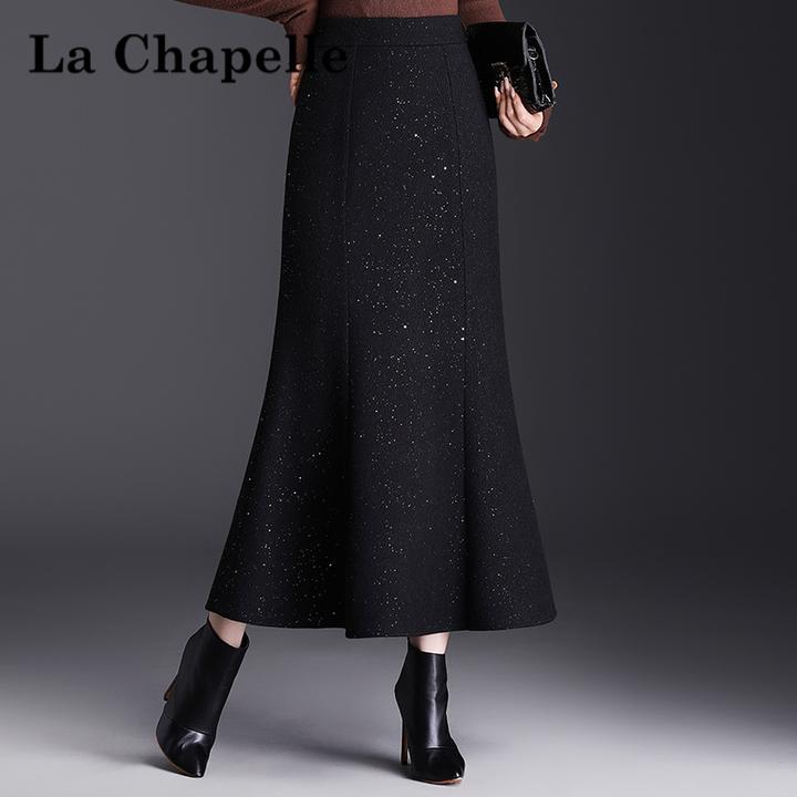 拉夏贝尔小香风鱼尾半身裙女秋冬加厚冬裙一步裙中长款荷叶边长裙