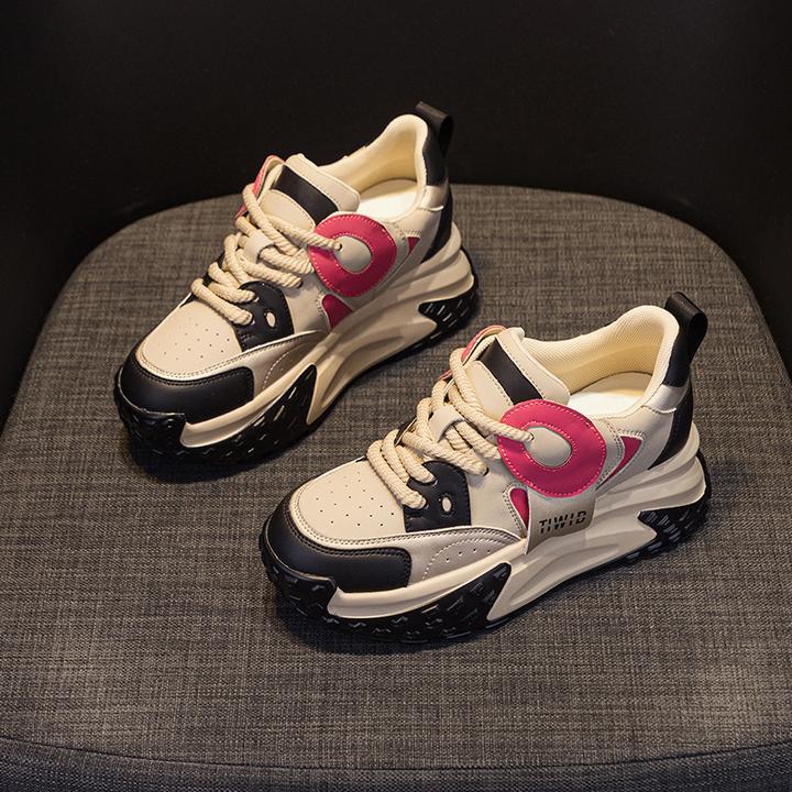 万达撤柜头层牛皮老爹鞋内增高厚底女2025春季新款小白运动鞋潮鞋