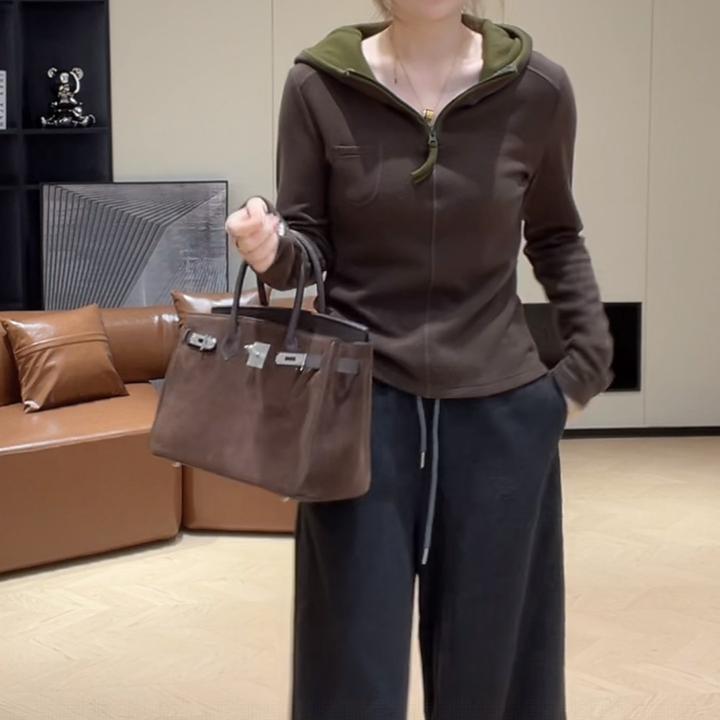 2025冬季新款撞色拉链时尚连帽卫衣女设计感休闲长袖百搭显瘦上衣