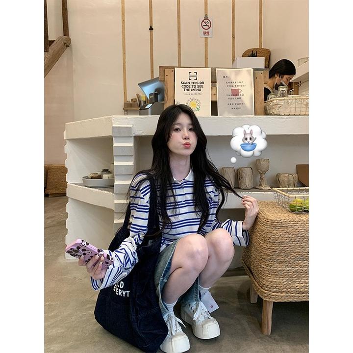 YWBY早秋新款正肩撞色条纹POLO领长袖t恤女韩系简约学院风上衣服