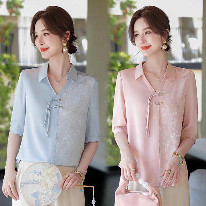 俞兆林新中式妈妈套装夏季衬衫大码显瘦中老年女装百搭国风衬衣时