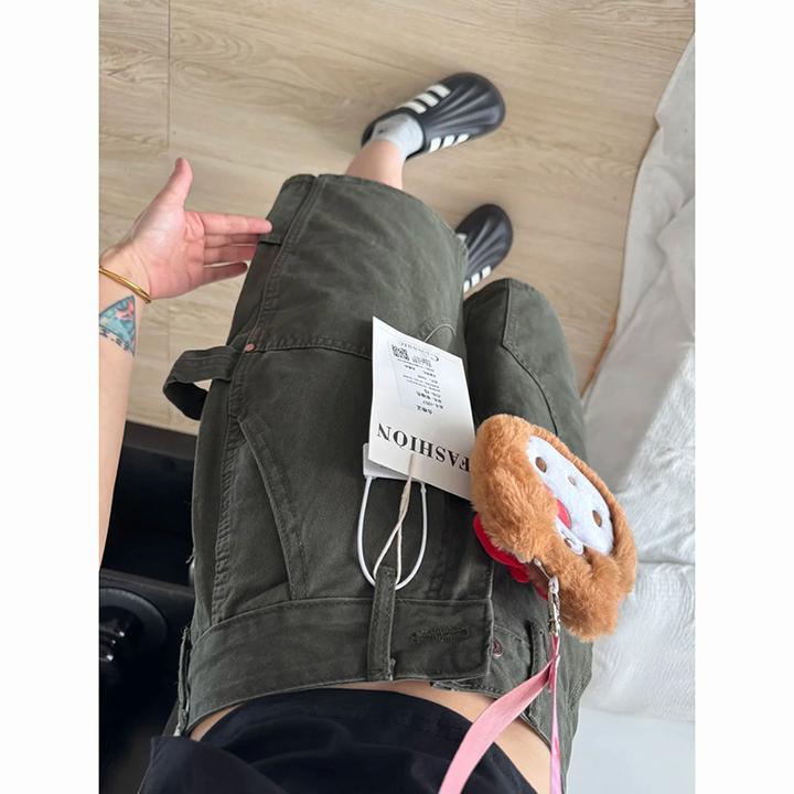 美式军绿色工装五分牛仔裤女2025夏季新款设计感宽松百搭阔腿中裤