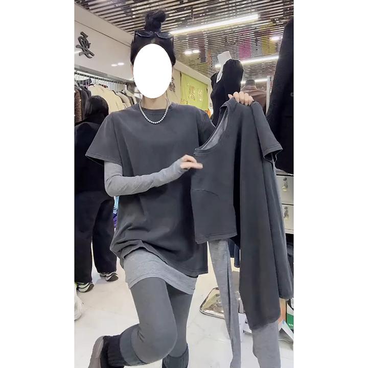 2025早春新款韩系时尚两件套长袖T恤女宽松修身显瘦中长款上衣潮
