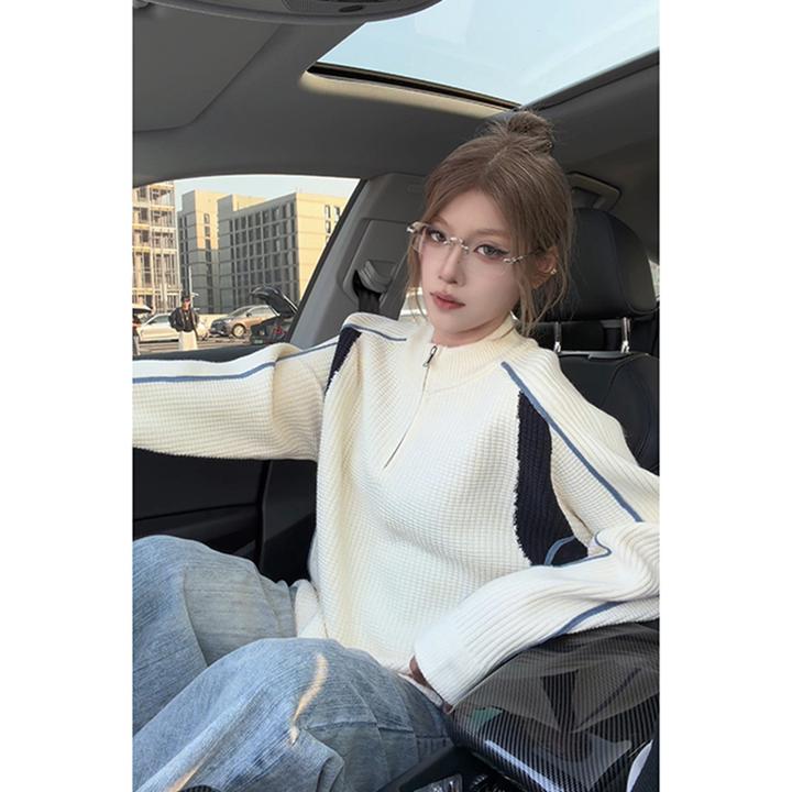 美式复古撞色拼接针织毛衣男秋冬潮牌半高领拉链宽松休闲情侣外套