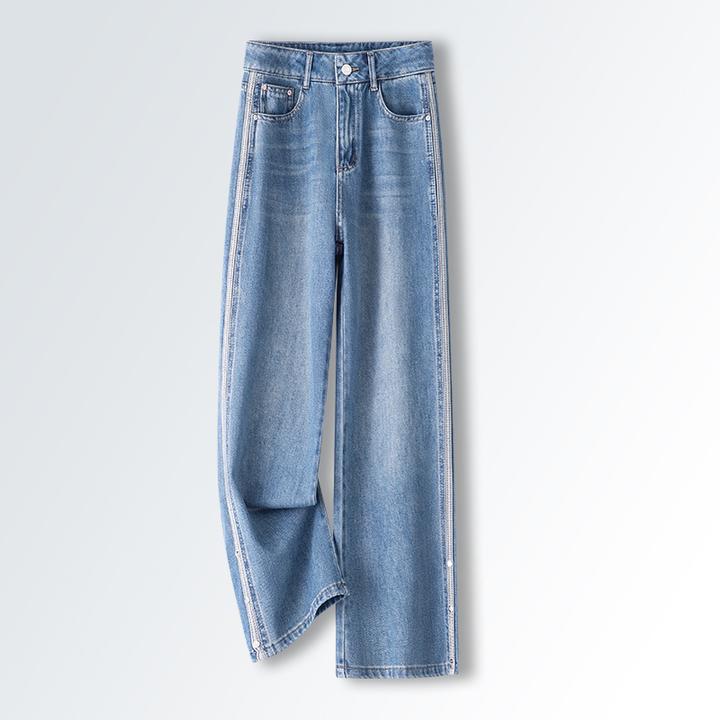 洋气拼接窄版阔腿牛仔裤女2025春季新款时尚复古高腰显瘦直筒长裤