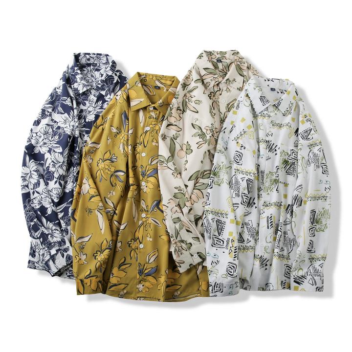 【衬衫宽松男士印花春秋长款落肩袖长袖百搭复古时尚夏季日系-952