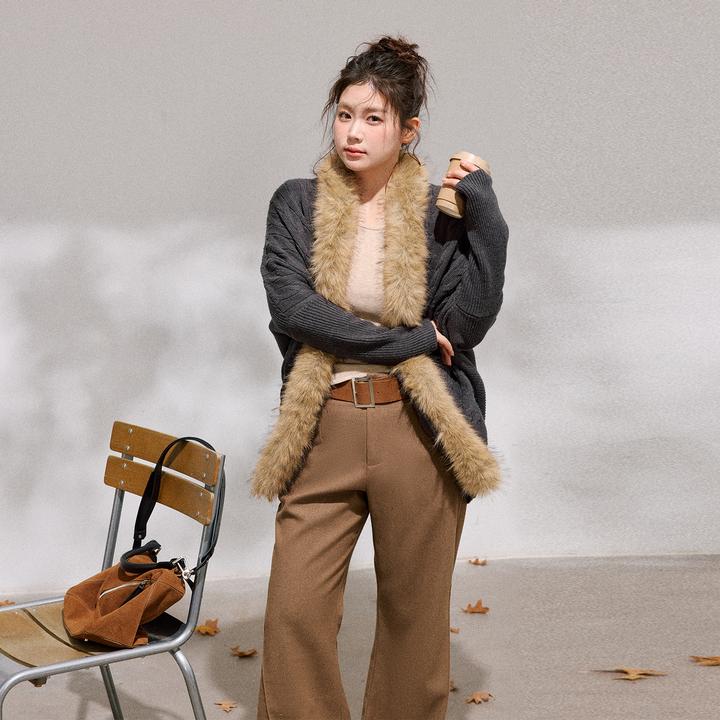 张大人【亚丁稻城】大码女装微胖妹妹大毛领麻花毛衣搭深咖微喇裤