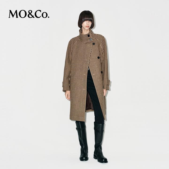 MOCO毛呢大衣2025冬新品绵羊毛5纱10色织千鸟格纹高领MBE4OVCT02