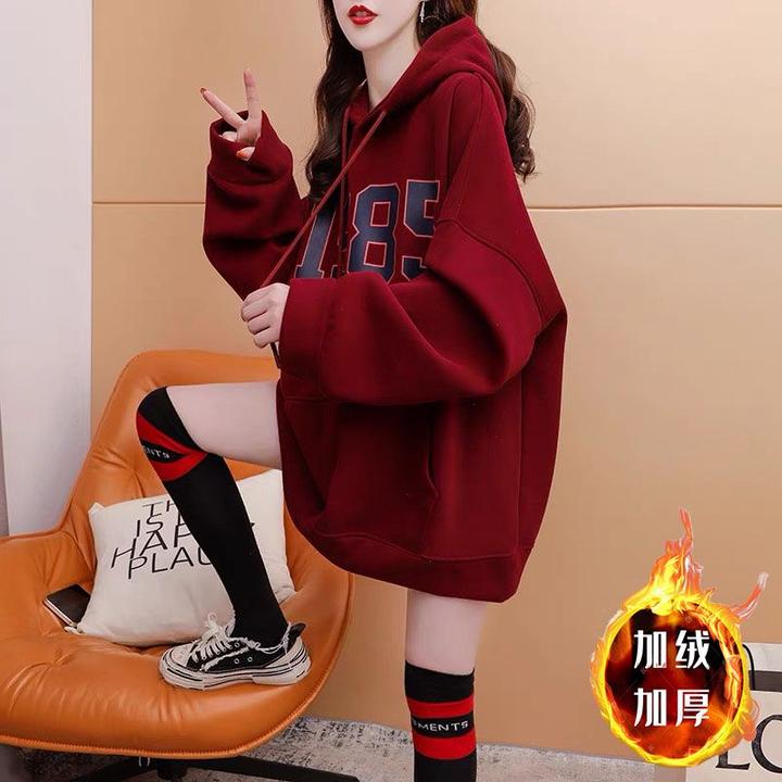 秋冬大码连帽口袋加绒卫衣女洋气减龄宽松胖mm遮肉显瘦上衣ins潮