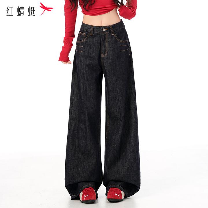 红蜻蜓冬季第三代升级黑金祥云原牛显瘦显高收腰阔腿牛仔裤子
