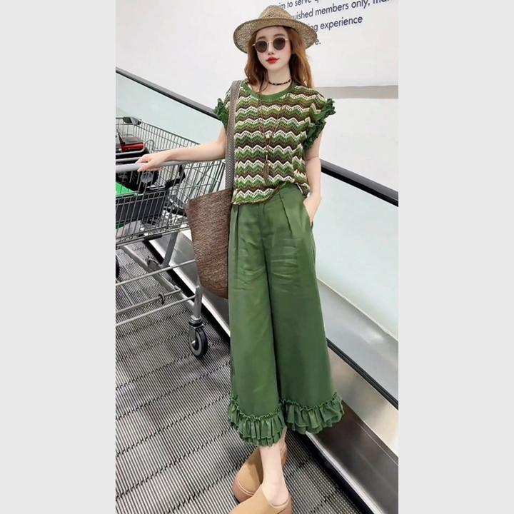 盐系不撞款针织T恤花边裤绿色一整套2025今年超火舒适减龄通勤装