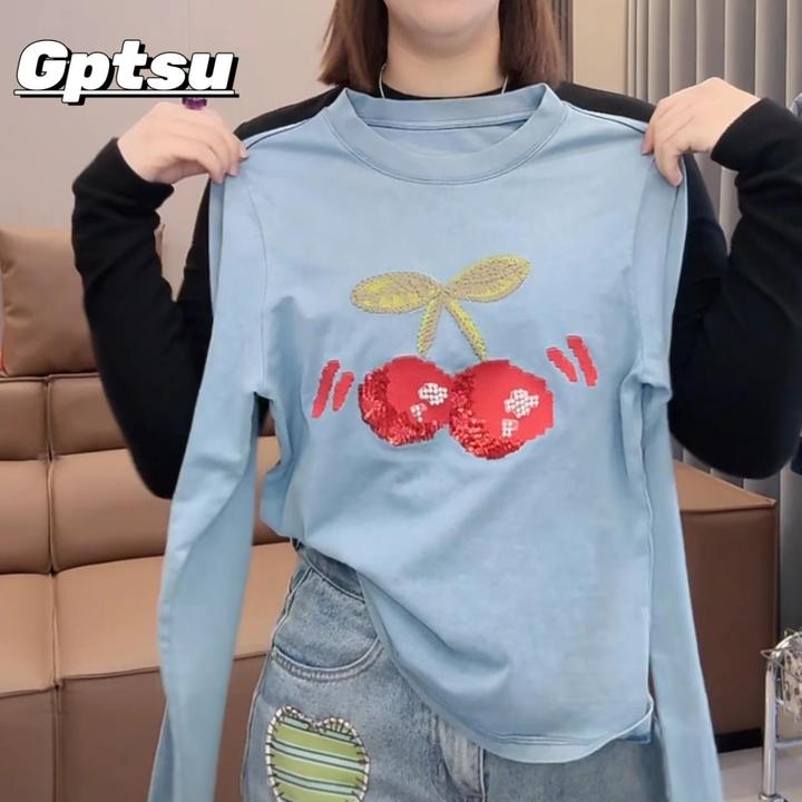 GPTSu刺绣亮片宽松长袖T恤女2025新款时尚百搭显瘦保暖打底衫休闲