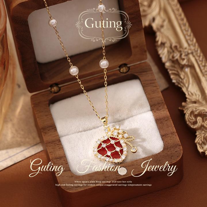 铜合金项链 7171红色福袋吊坠串珠项链女款秋冬毛衣链轻奢高级感